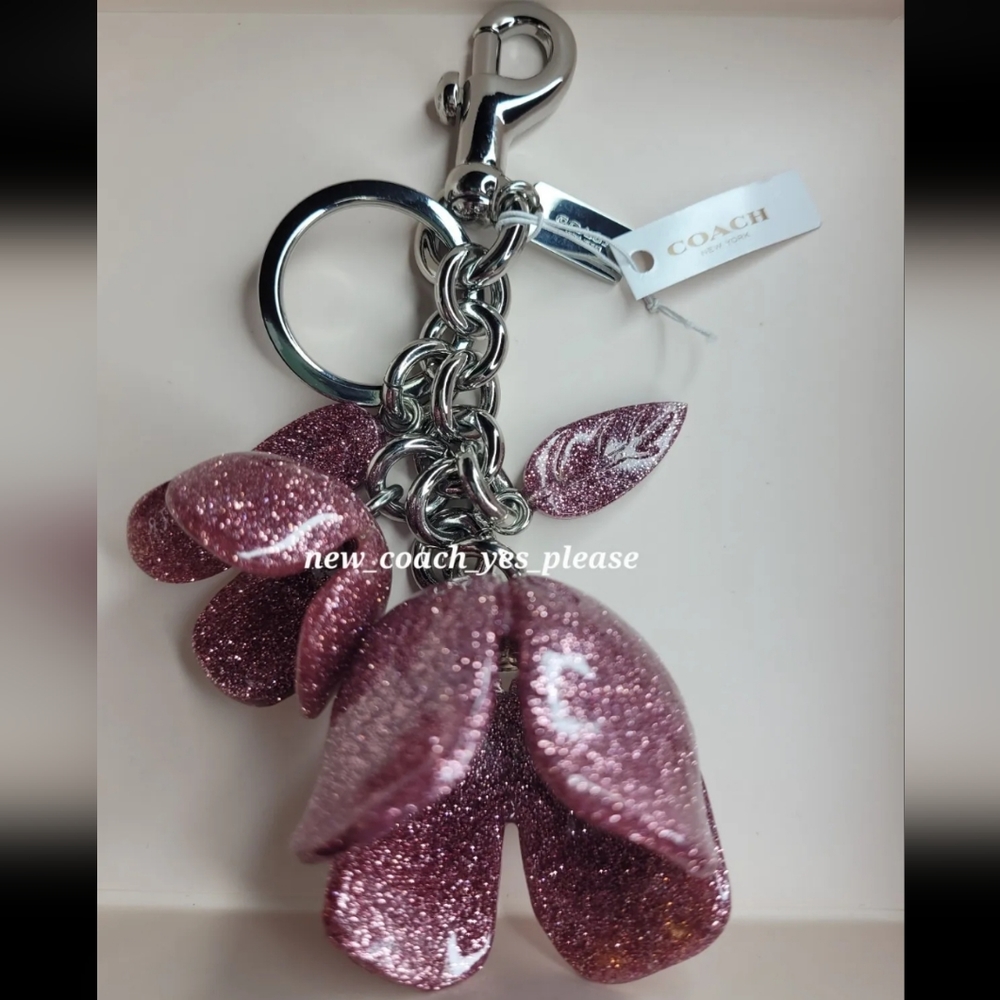 NEW COACH Pink Glitter Tea Rose Bag Charm 58514  key ring chain fob NWT
